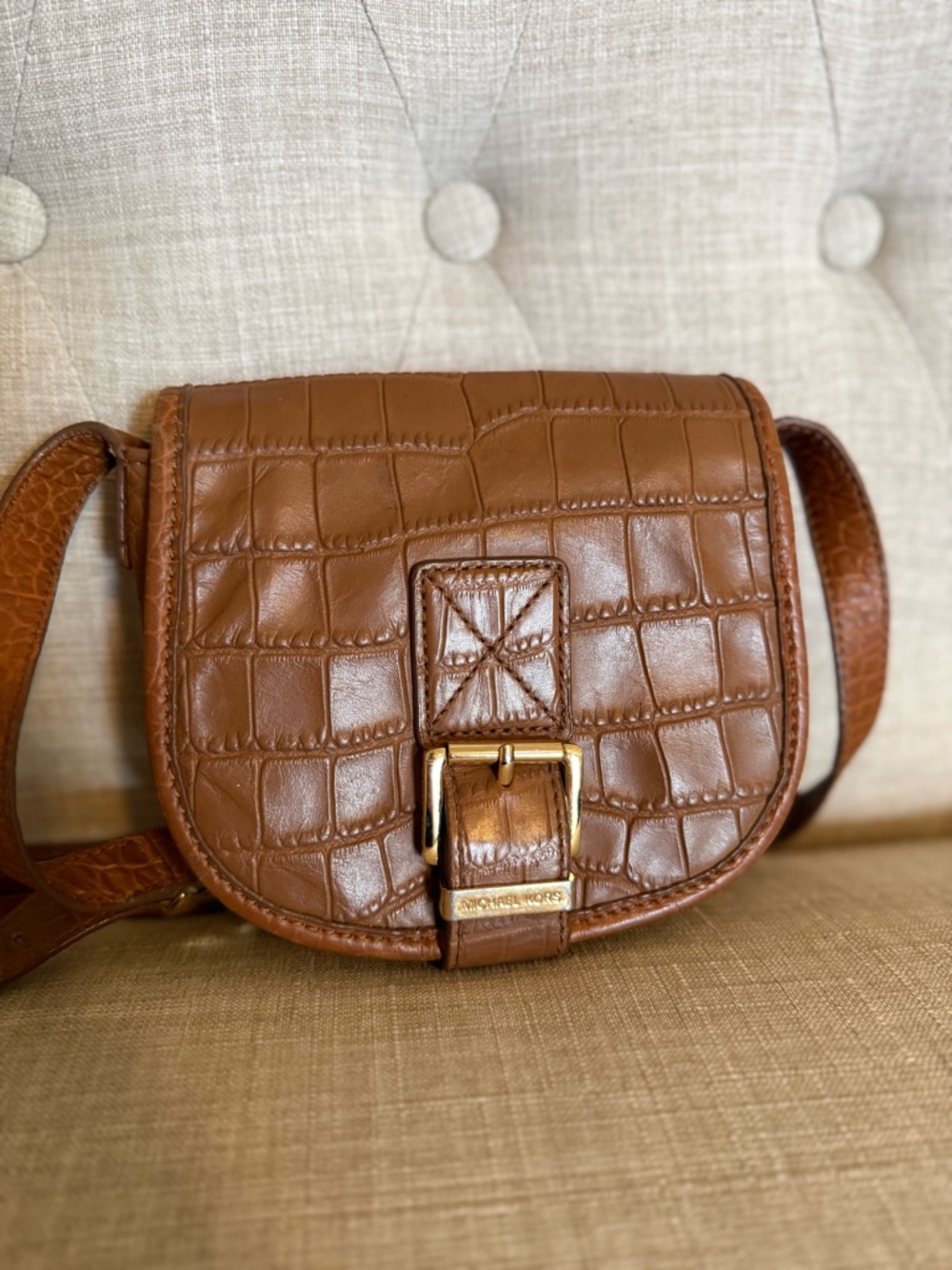 Vintage Michael Kors Brown Croc-Embossed Crossbody with Gold Buckle